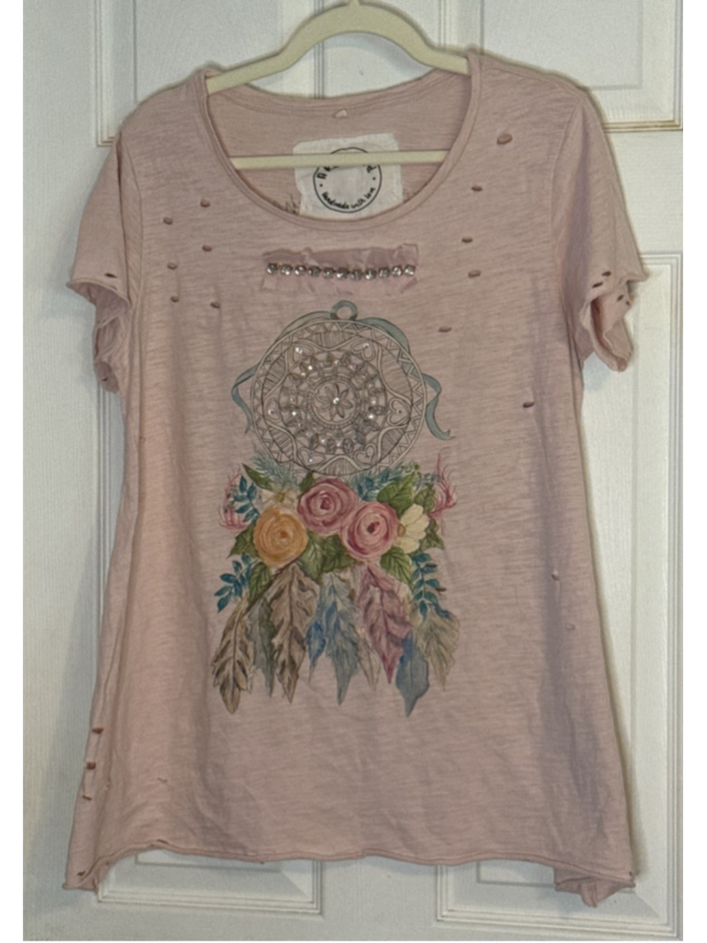 A Rare Bird Pink Dream Catcher Distressed Short Sleeve Tee SM